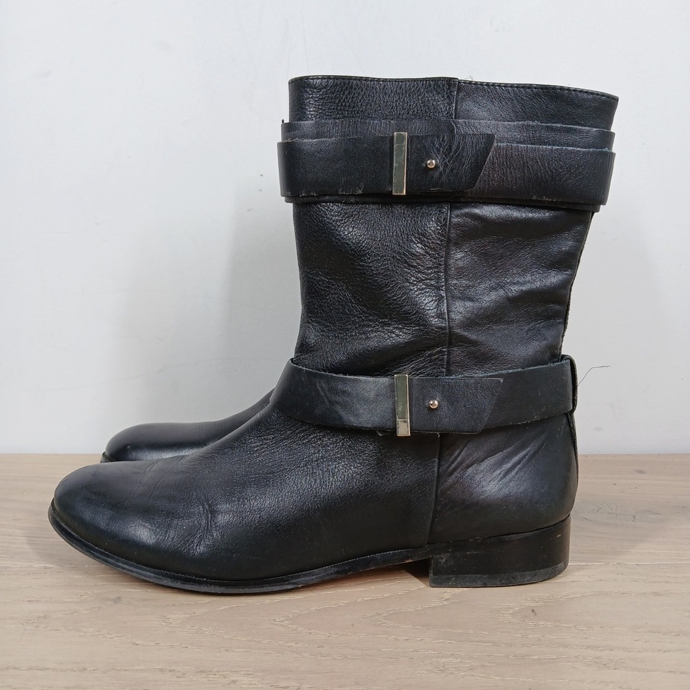 Ann Taylor Boots Womens 9M Black Mid Calf Leather Buckle Low Heel Classic